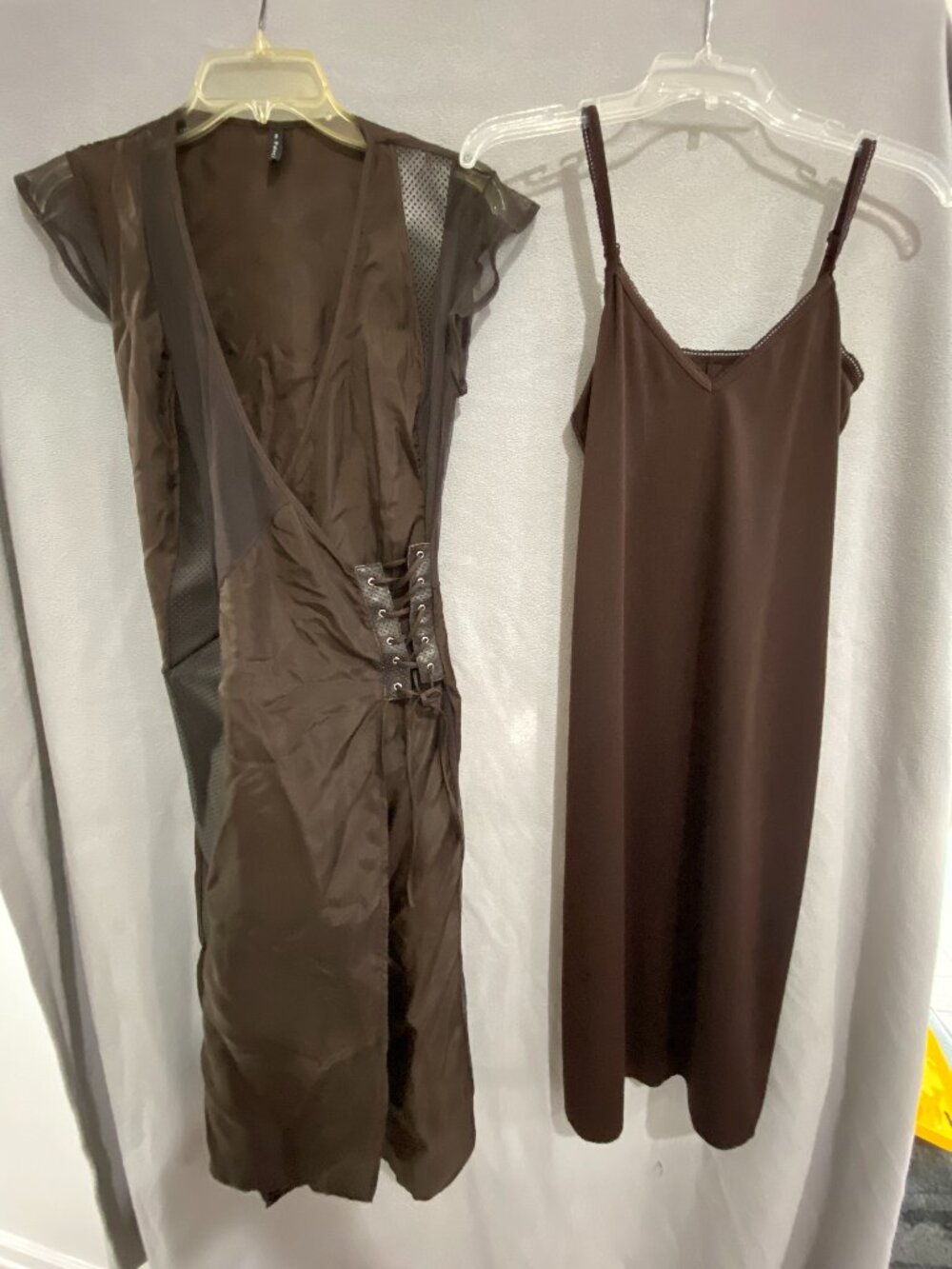 Poleci Vintage Brown Leather & Silk Corset Lace-Up Dress w/ Slip Size 2 Y2K